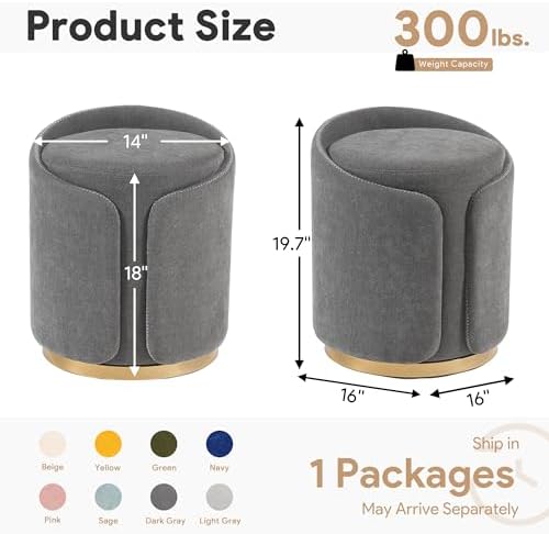 Swivel Vanity Stool with Gold Base Comfy Vanity Chair Modern Round Stool for Makeup Vanity Ottoman Foot Rest for Bedroom livingroom (Dark Gray)