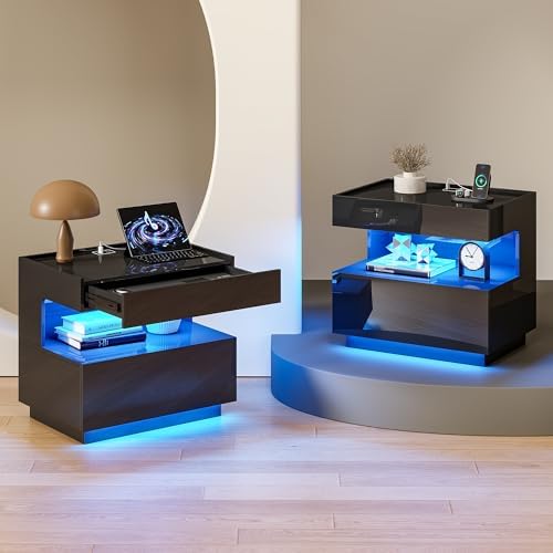 HNEBC High‑Gloss LED Nightstand Set of 2 with Gun Drawers for Bedroom-Black