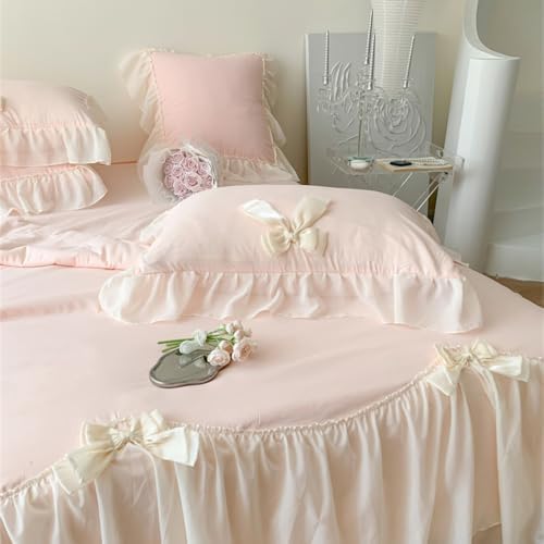 IHOUSTRIY Duvet Cover Twin Size, Ruffle Beddding Set with Bowtie, 2 Pieces Comforter Cover Set with Zipper Closure, Girl Princess Bedding with Pillowcase - Light Pink, Twin