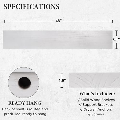 Axeman Floating Shelves, 8 Inch Deep Rustic Solid Wood Wall Shelves for Storage, Wall Mounted Display Shelving with Invisible Heavy-Duty Metal Bracket, 48" W x 8" D x 1.6" H, Distressed White