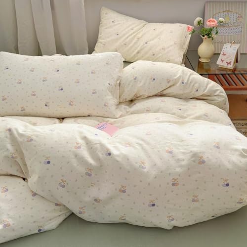 Duvet Cover Full Size 100% Cotton Double Layer Muslin,Cute Beige Cherry Bedding Set 3 Pcs,Breathable Soft Gazue Comforter Cover with Zipper Ties for Teen Girls Women 80"×90"