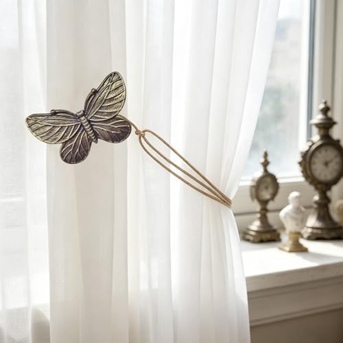 Magnetic Curtain Tiebacks, Resin Decorative Butterfly Window Treatment Farmhouse for Drapes, Midcentury Vintage Style Tie Backs for Curtains, Pack-2, Bronze (Antique Brass)