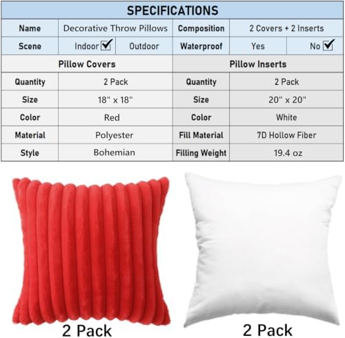 Decorative Throw Pillow with Inserts, Set of 2 Soft Faux Fur Throw Pillows, Square Boho Striped Pillow for Couch, Bed, Sofa Decor