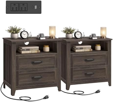 VASAGLE 23.6 inch Farmhouse Nightstands Set 2, Charging Station, 2 Drawers