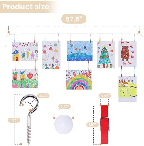 KLOGTSIND Kids Art Display Wall Decor, Wood Beads Garland with 34 Clips