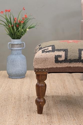 Handmade Jute Ottoman Stool with Wooden Legs | Square Upholstered Foot Rest & Accent Seating | Woven Vanity Stool for Living Room, Bedroom, Hall & Home Décor (Beige-Grey, 40X40X35 CM)