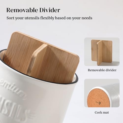 DOWAN 7.2" Large Ceramic Utensil Holder for Kitchen Counter, Beige, Devider