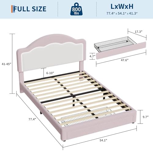 IDEALHOUSE Full Bed Frame with LED Headboard and Under-Bed Drawer, Boucle Fabric Upholstered Platform Bed with LED Light for Kids, Girls, Wooden Slats Support, No Box Spring Needed, Pink