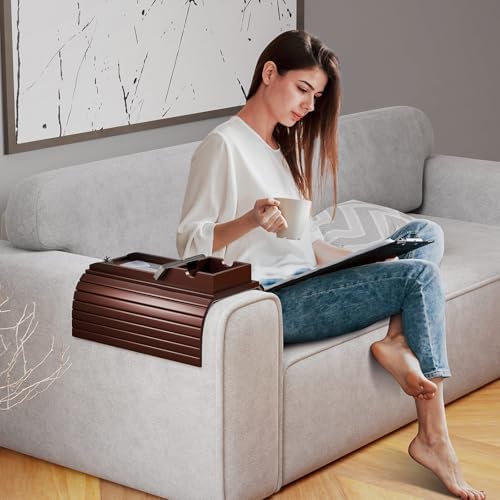 Bestjing Bamboo Couch Armrest Table with Detachable Cup Holder Tray(Walnut)