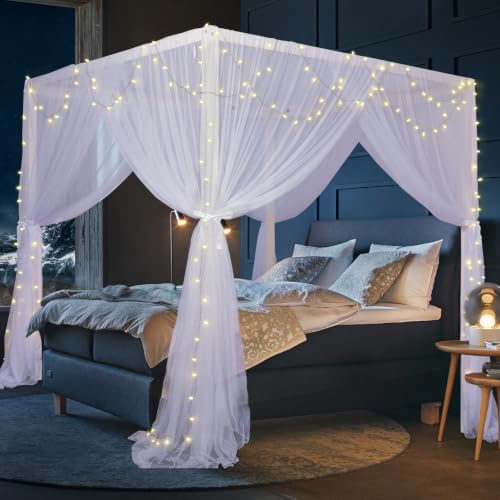 South to East Canopy Bed Curtains for King/Queen Size Bed, White