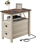 VVFLU Farmhouse End Table with Charging Station and 2 Drawers,Grey Wood Nightstand Narrow, Skinny Side Table Rustic, Slim Bedside Table, Open Shelf, Small for Bedroom, Living Room, Sofa