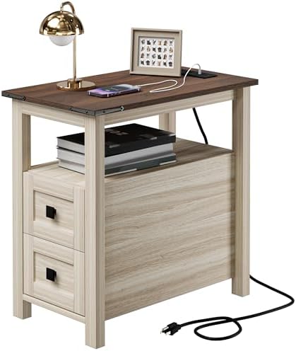 VVFLU Farmhouse End Table with Charging Station and 2 Drawers,Grey Wood Nightstand Narrow, Skinny Side Table Rustic, Slim Bedside Table, Open Shelf, Small for Bedroom, Living Room, Sofa