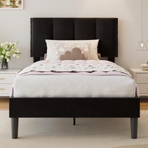 VECELO Twin Size Bed Frame with Upholstered Headboard, Velvet & Black