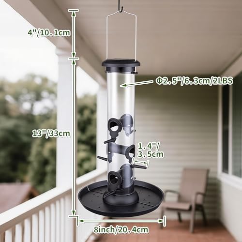 Tube Bird Feeders for Outdoors,13" 6-Port Seed Catcher,Black,2 PK