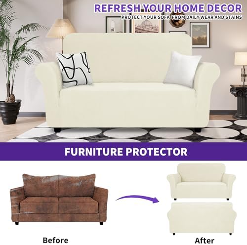 ZNSAYOTX Super Stretch Loveseat Covers (57"-70"), New Striped Love Seat Slipcover, Dogs Pet Friendly Anti-Slip Couch Protector Spandex Durable 2 Seater Fabric Sofa Cover (Beige, Loveseat)