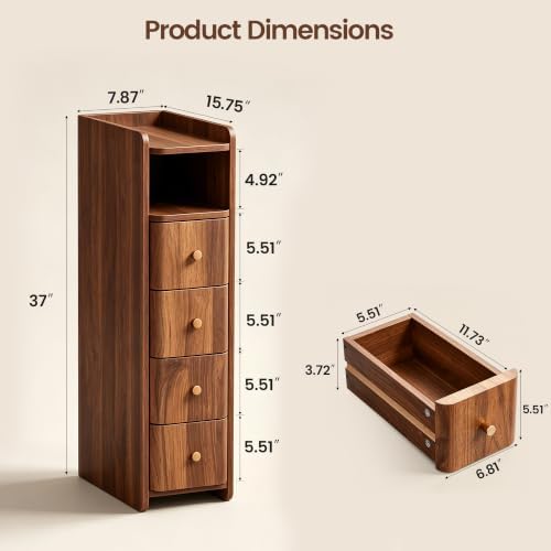FurSch 31.5”H Tall 7.87”W Narrow Nightstand with 4 Drawers for College Dorm