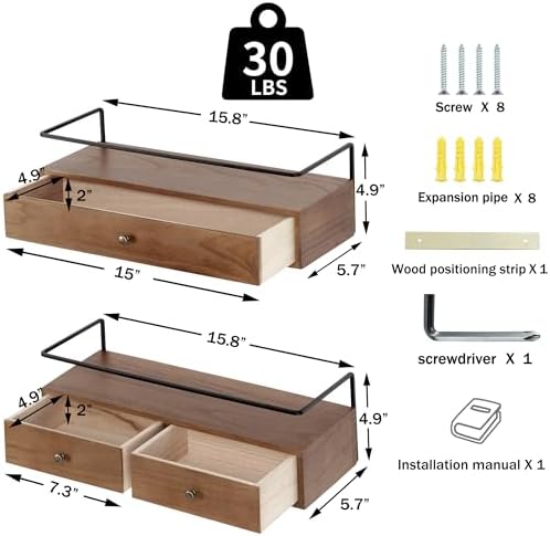 Floating Shelves With Drawers Set of 2, Wall Mounted Storage for Bathroom