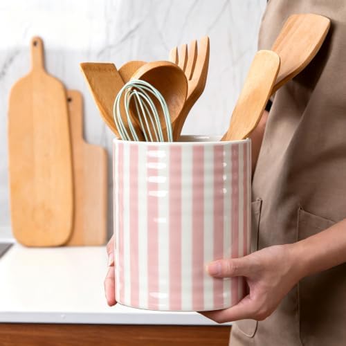 Kitchen Utensil Holder,7.2-inch Extra Large Ceramic Stripes Pattern Utensil Crock,Cooking Utensil Organizer for Kitchen Counter Decor,Storage Caddy Farmhouse Gift Pink