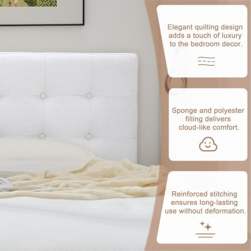 Linen Tufted Headboard Twin Size, Solid Wood Twin Headboard Only, White