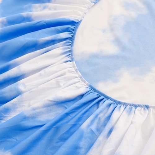 Bedding Fitted Sheet with Deep Pocket for Single Bed Mattress Cover Sheets,White Cloud Printed Fabric Bed Sheets (Blue Sky, Full)