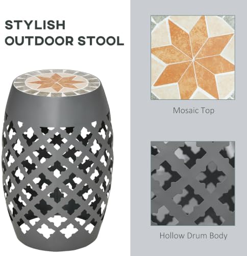 Outsunny Decorative Outdoor Stool, 12" Round Patio Side Table, Mosaic Gray
