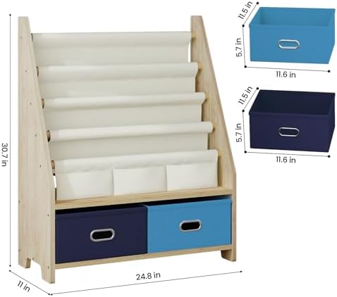 EXPERLAM 4 Tier Kids Bookshelf with Storage Bins, Solid Wood Toddler Book Shelf and Toy Organizer, Sling Book Rack for Kids Room, Nursery, Playroom, Blue