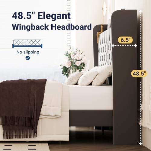 Allewie Full Bed Frame, Storage Headboard & Charging Station, Grey