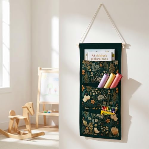 IAXIC Canvas Wall Hanging Organizer with Pockets Fish Extender Hanging Pouch Dark Floral Door Closet Organizers Fabric Storage Pockets Wall Decoration