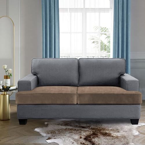 H.VERSAILTEX Stretch Velvet 2 Piece T Cushion Sofa Slipcovers for Living Room Individually Sofa Covers for 2 Cushion Seat Cushion Covers Stay with Elastic Bands (Sofa, Mocha)