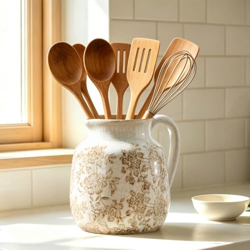 Ceramic Vintage Vase, Utensil Holder, Brown Decorative Flower Vase Chinoiserie Decor Rustic Farmhouse Retro Floral Vases for Table Bookshelf Mantel Kitchen Living Room Office - 6.7” Brown 016