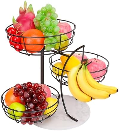 Livabber Fruit Basket Bowl with Banana Hanger, Metal Fruit Vegetable Storage Basket with Banana Holder for Kitchen Counter, Detachable Organizer for Bread Snack Produce (Black, 3-Tier Marble Base)