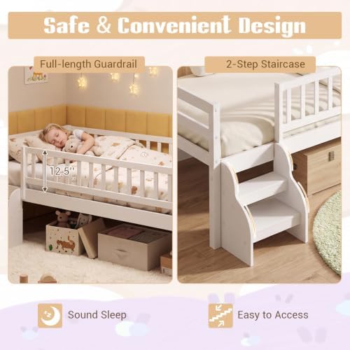 Giantex Kids Low Loft Bed Twin Size with Stairs & Safety Guardrails, White
