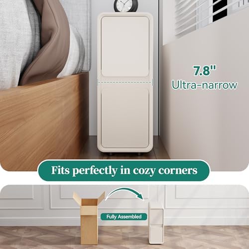 7.8" W Leather Narrow Nightstand Set of 2, Modern Fully-Assembled Bedside Table with 2 Drawers, White Night Stand Small Accent End Table & Side Table for Bedroom, Cream White