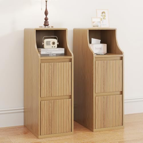 Fluted Narrow Nightstand Set of 2, Mid Century Modern Small Bedside Table with 2 Drawers, Wooden Skinny Vintage Side Table, Night Stand, Slim End Table for Bedroom, Natural
