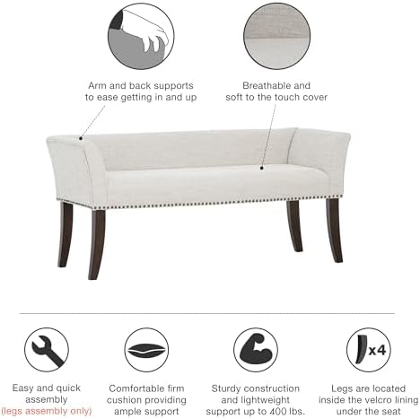 Madison Park Accent Bench for Living Room, Upholstered with Nailhead Trim, & Padded Seat Entryway Bench Small, End of Bed Bench with Back, 49.5" W x 19.25" D x 23" H, White Cream