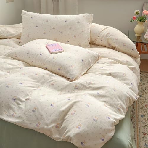 Cherry Duvet Cover Set 3 Pcs,100% Cotton Double Gauze Twin Size Duvet Cover with 2 Pillowcases,Cute Beige Bedding Set for Teen Girls Women,Muslin Comforter Cover 68"×86"