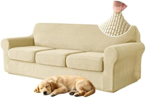 4 Pieces Stretch Couch Covers for 3 Cushion Sofa Cover Decorative Sofa Slipcover Non Slip Washable Thick Soft Elastic Furniture Protector for Pets,(Large, Ivory)