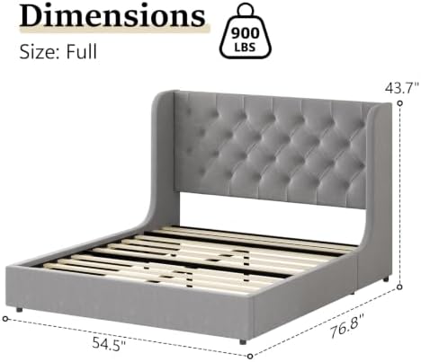 HOMBCK Full Size Bed Frame with Velvet Upholstered Headboard, Grey