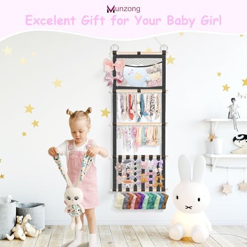 Munzong Headband Holder 52x17 inch, Black Bow Holder for Baby Girls,4 Tier Large Capacity Wall Hanging Headband Shelf w/Mesh Bag,Nursery Hair Accessories Organizer Display Rack for Toddler Kids Women