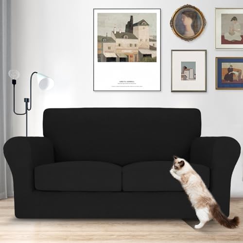 MAXIJIN 3 Piece Couch Covers for 2 Cushion Couch loveseat Cover, Stretch Love Seat Sofa Slipcovers for Dogs Pet, Thick Furniture Protector with 2 Seat Cushion (55"-69", Black)