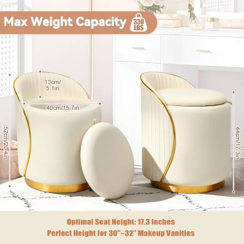 Vanity Chair with Storage, Leather Vanity Stool, 360° Swivel Makeup Chair with Back, No Assembly Upholstered Accent Chairs Stool for Bedroom, Dressing Room, Living Room, Cream