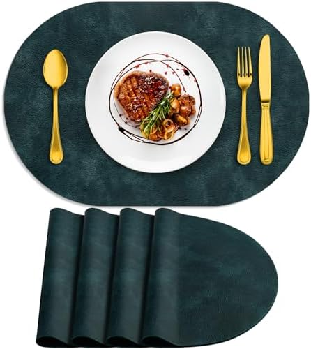 ADRIMER Oval Placemats Set of 4, Wipeable Faux Leather, Dark Blue