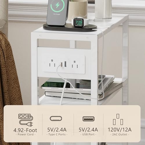 End Table with Charging Station, 3-Tier Side Table for Small Space, Skinny Nightstand with USB/Type C Port and 2 Outlets, Slim Sofa Beside Table for Living Room, Bedroom and Balcony, White