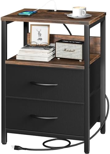 Yoobure Nightstand with Charging Station, Small Night Stand with Fabric Drawers and Storage Shelf for Bedrooms, Nightstands for Small Spaces, Bedside Table with USB Ports & Outlets, Bed Side Table