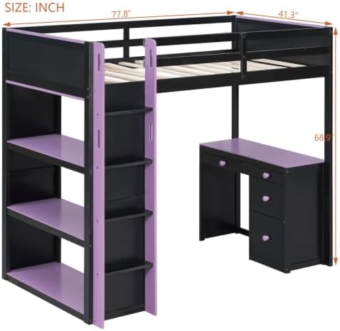 LUMISOL Twin Gaming Loft Bed with Desk and Storage Shelves, Solid Wood Loft Bed with Drawers and Computer Desk for Teens, Space Saving High Loft Bed Frame for Kids Bedroom Purple