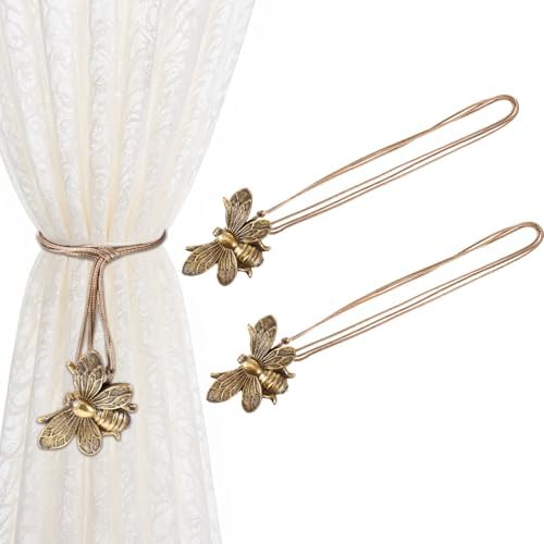 2 Piece Magnetic Curtain Holdbacks Flying Bee Curtain Holder Resin Curtains Tiebacks Vintage Drapes Ties Decorative Retro Tie Back Buckle Accessory for Home Office Kitchen Outdoor Balcony Window Decor