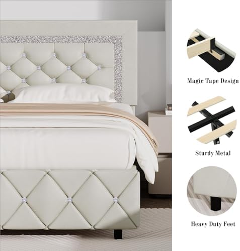 BarnFurin Queen Bed Frame with Diamond Tufted Headboard, Cream