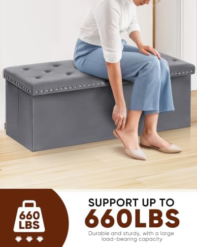 B FSOBEIIALEO Storage Ottoman Bench, 43" Velvet Ottoman With Storage, Grey