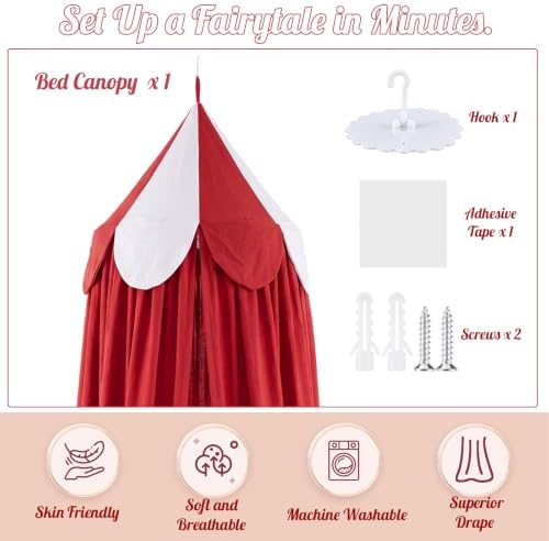 Bed Canopy with Scalloped Edge, 2 Panel Striped, Red