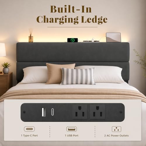Queen Bed Frame with 2 Storage Drawers, Grey Velvet Upholstered